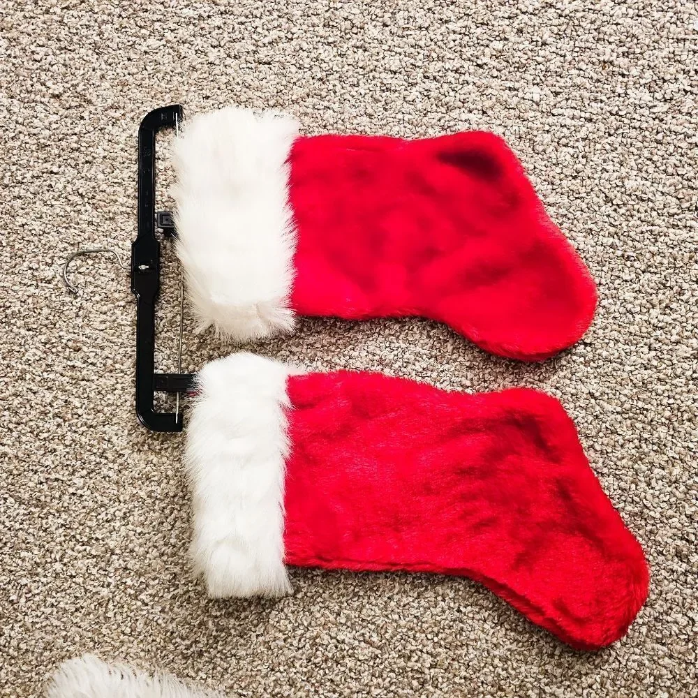 Set Of 2 Retro Fuzzy Cloth Red & White Christmas Holiday Stocking.